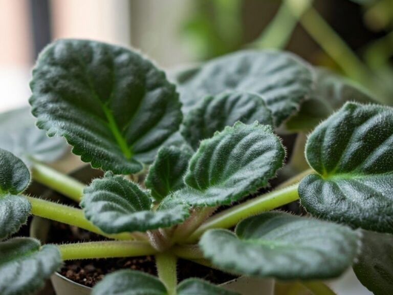 Curled African violet leaves in a garden