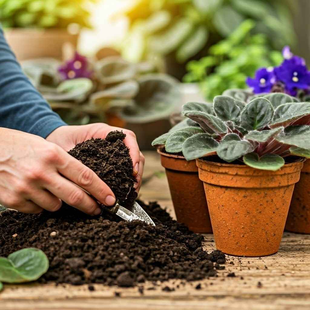 Gardener preparing African violet plants for propagation