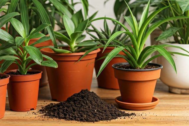 Healthy houseplants  in pots ready for repotting