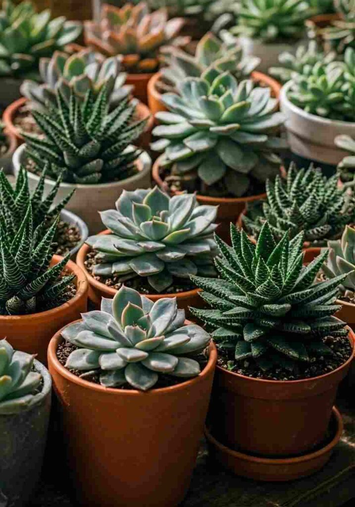 Healthy succulents in colorful pots