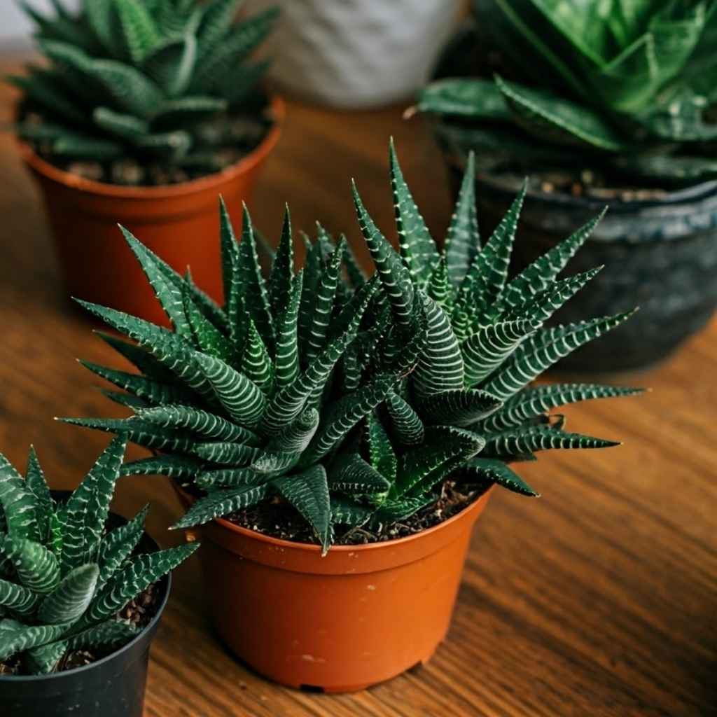 Various snake plant varieties on table