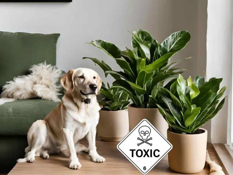 ZZ plant with a toxic sign. Next to it is a dog pet