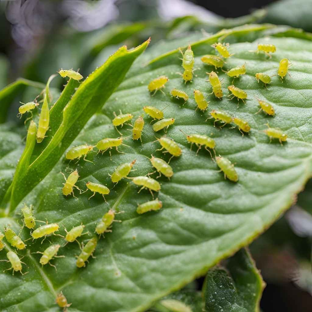 green aphids on an indoor plant leaf