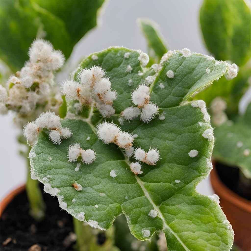 mealybug pests invading a leafy indoor plant