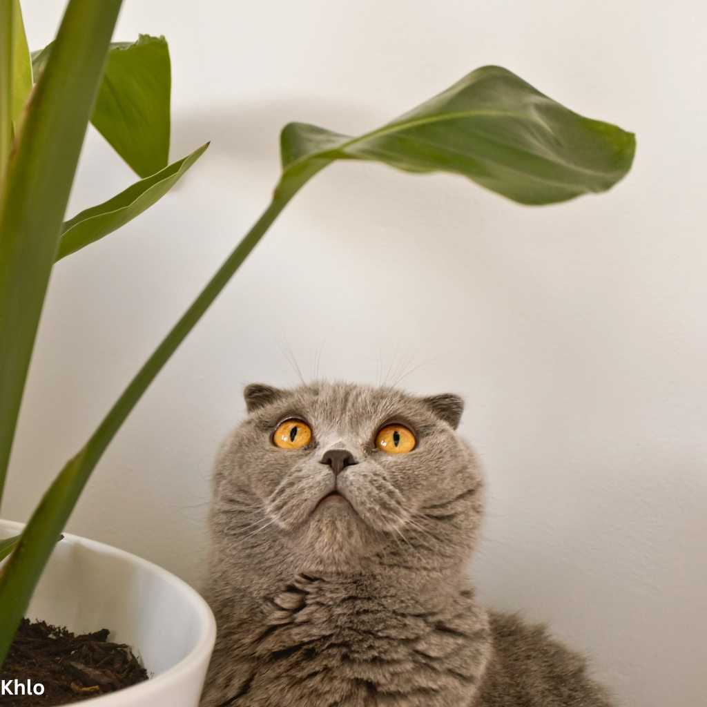 Cat sitting under a pet-friendly houseplant leaf and looking up.