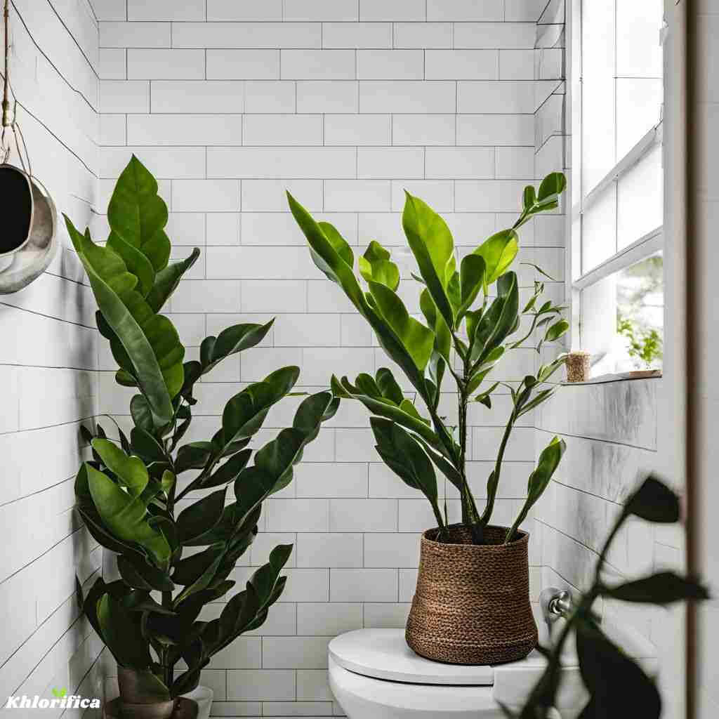 ZZ plants placed on the bathroom