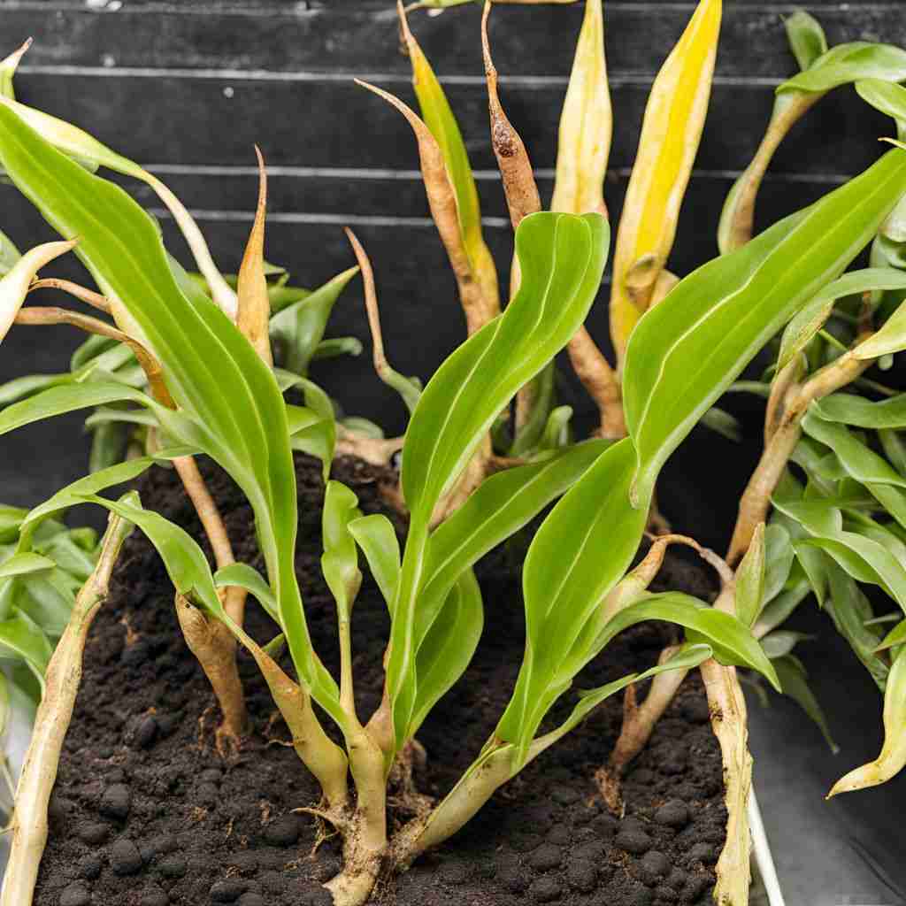 a ZZ plant showing signs of root rot with the yellowing of leaves