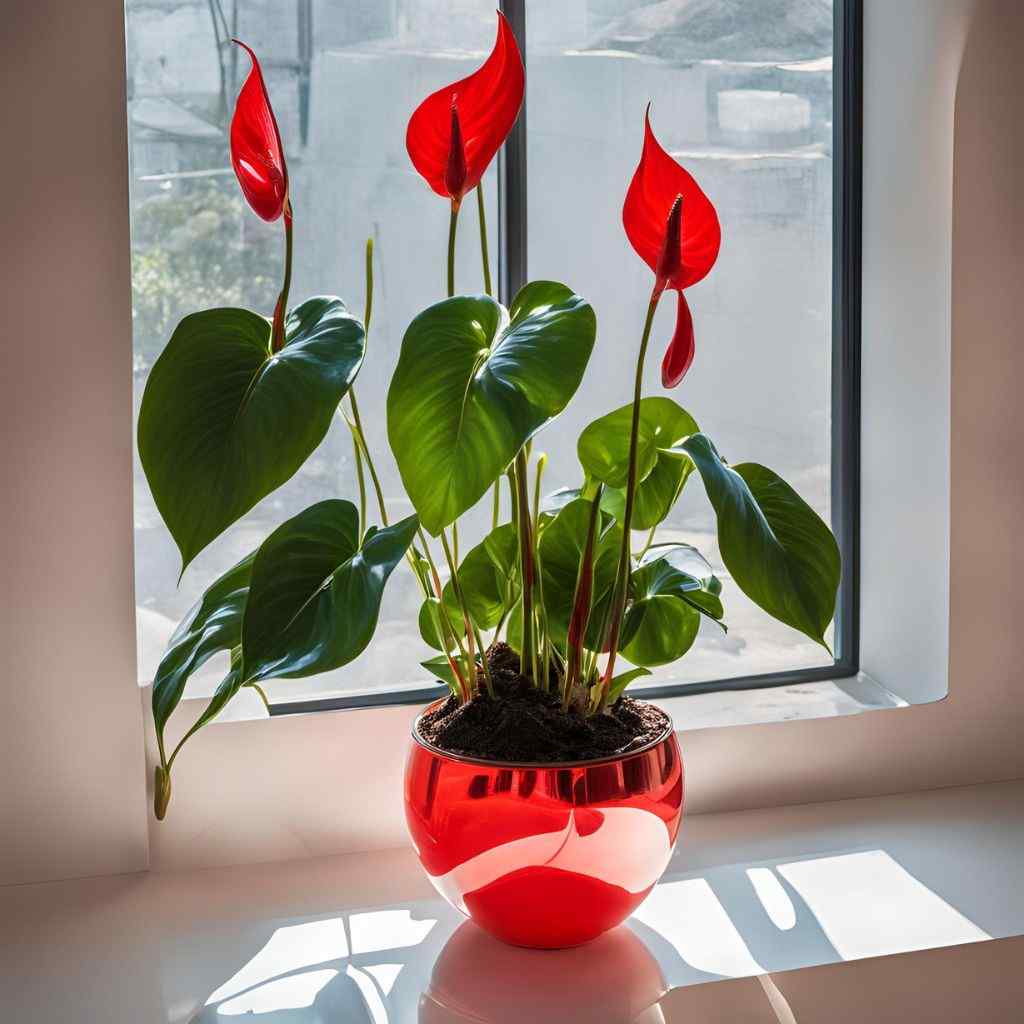 an anthurium plant plaed on a reflective surface