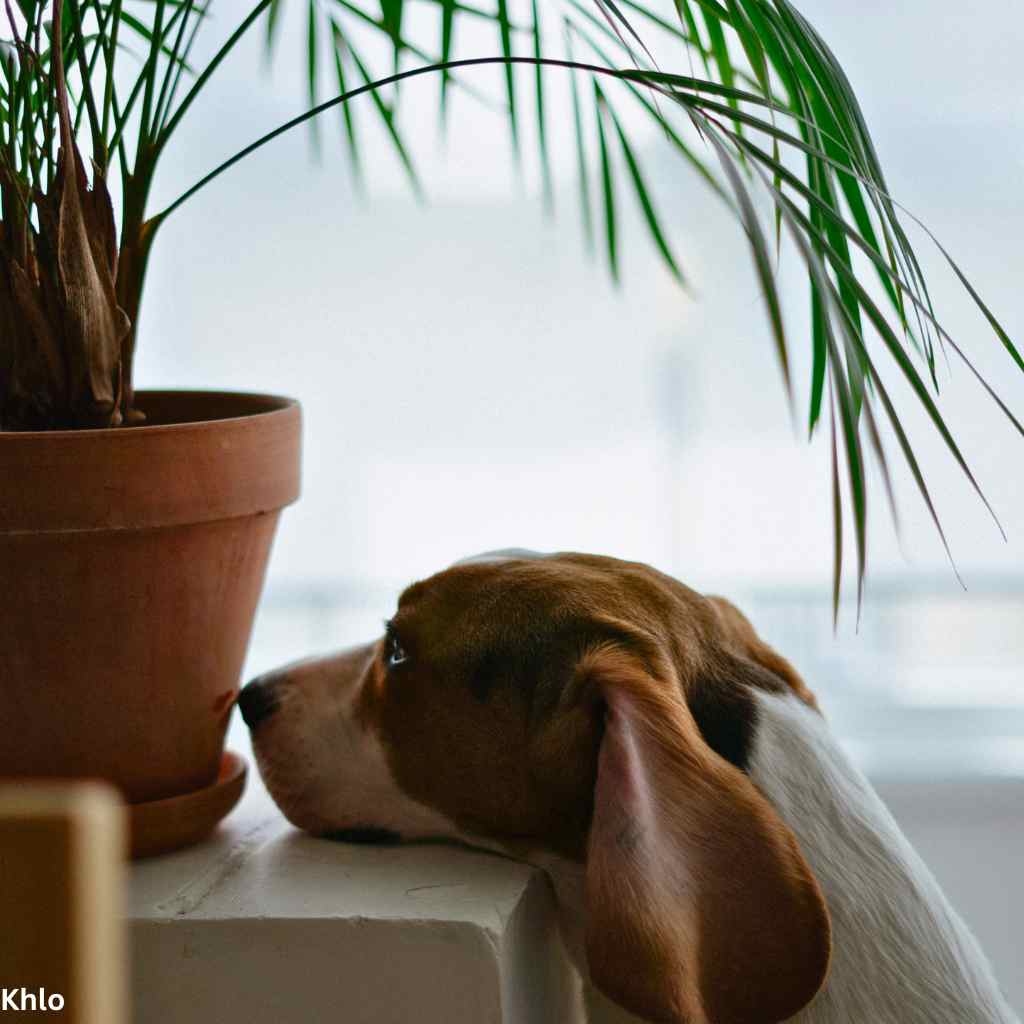 dog staring at a pet-friendly houseplant