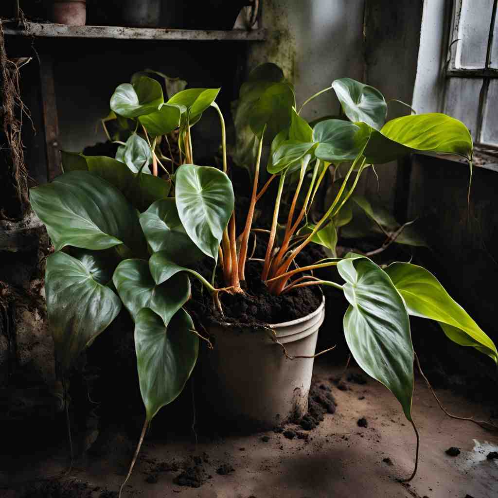 possible signs of root rot in an anthurium plant