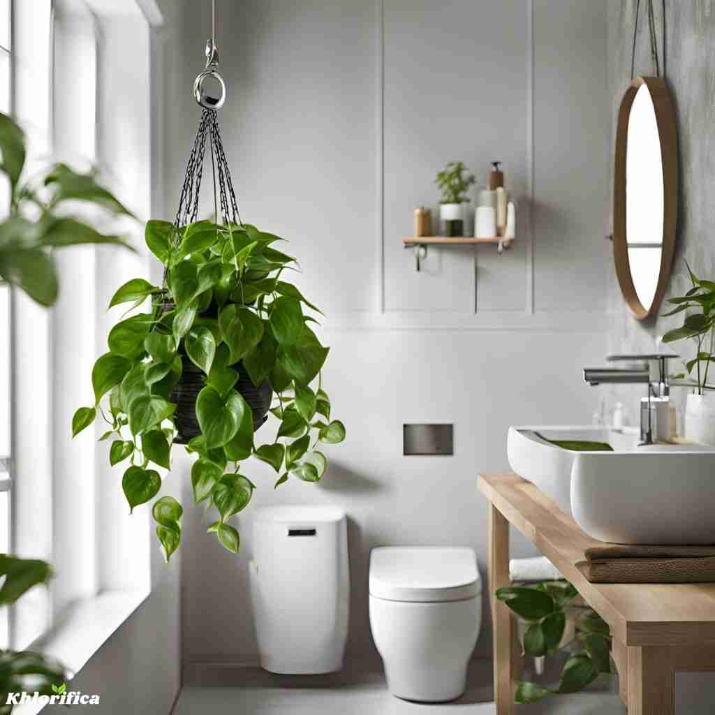 pothos plants hanging from a bathroom roof