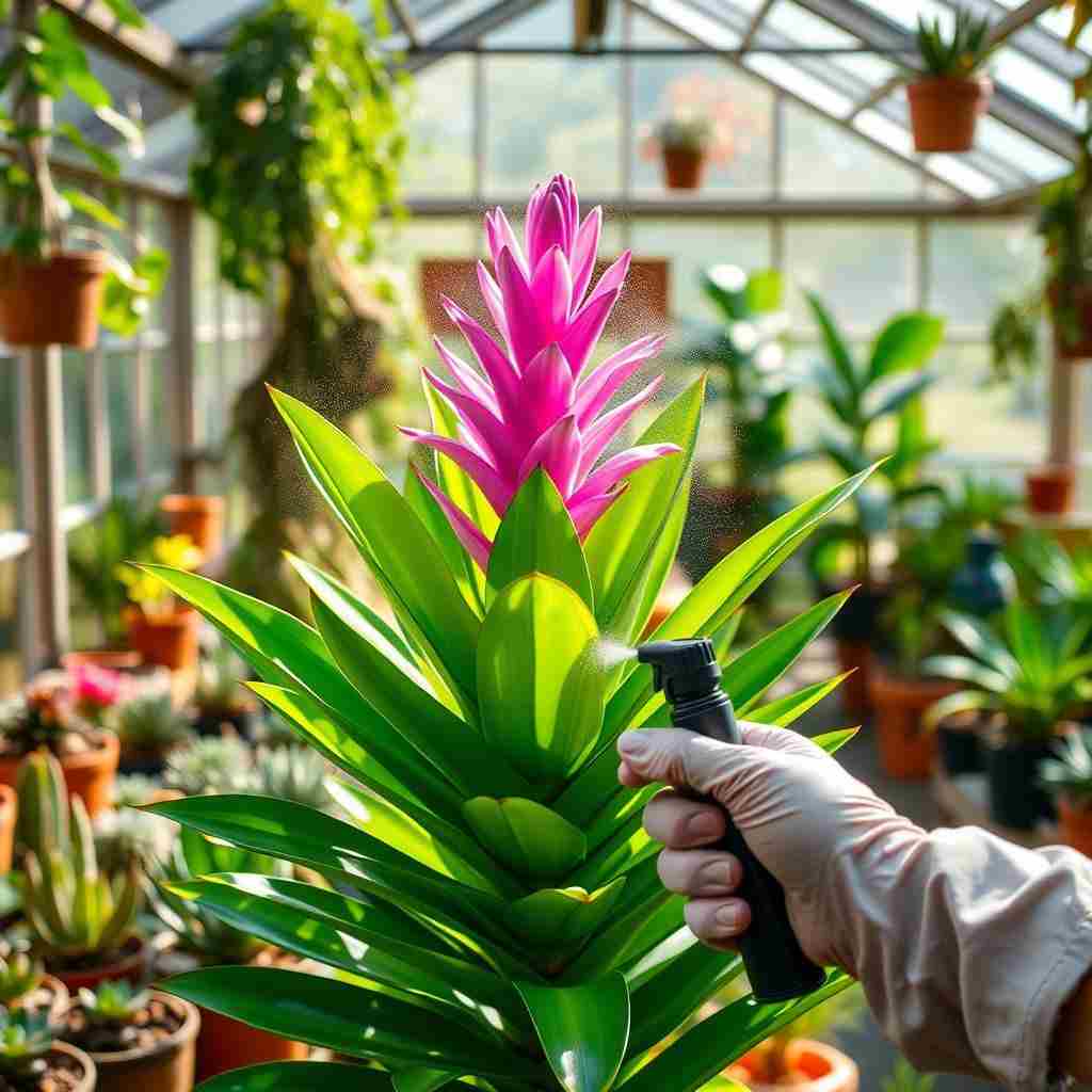 watering bromeliads in a greenery