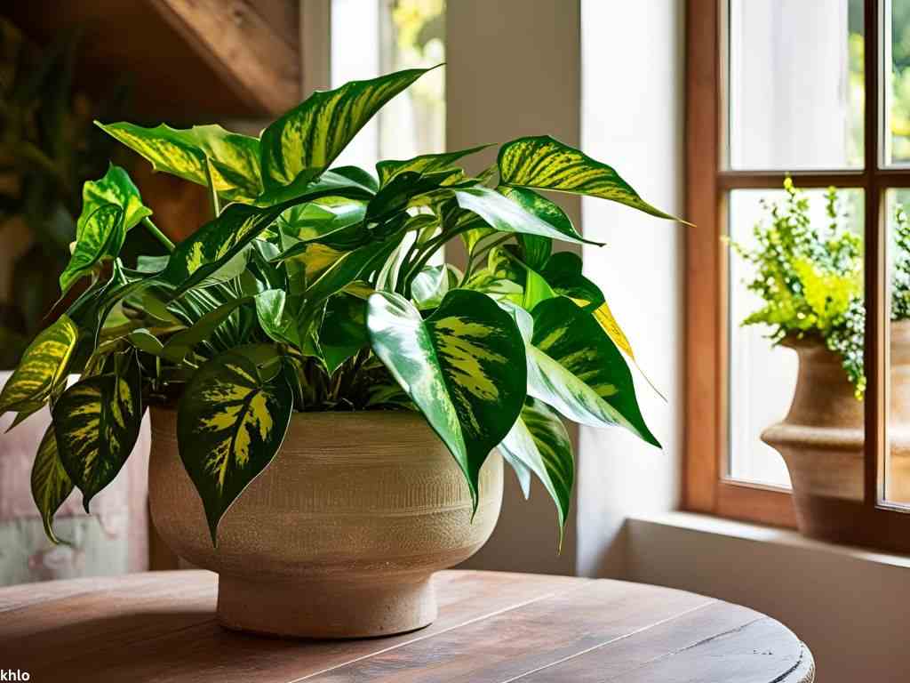 an indoor green leafy plant on a decorative vase