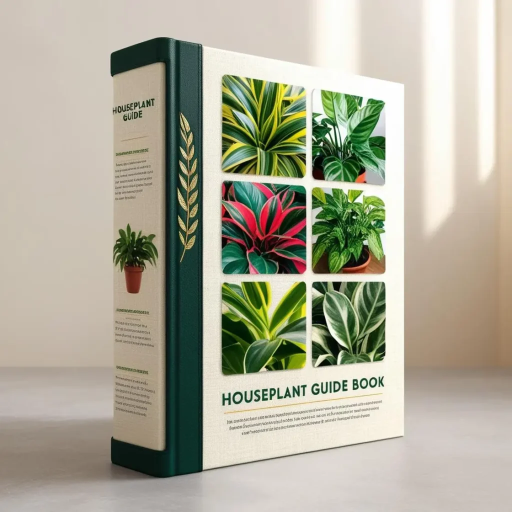 a 3D photorealistic illustration of a houseplant guide book