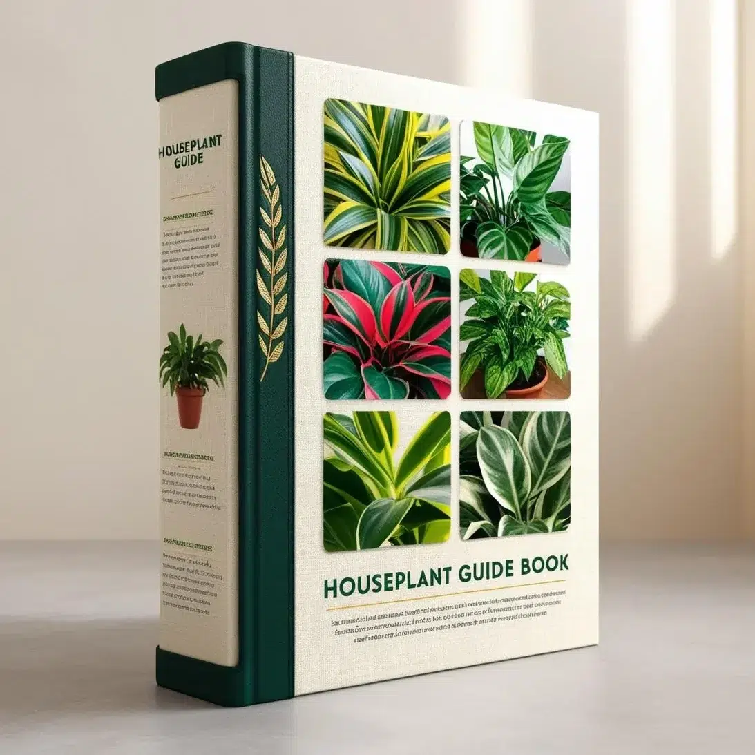 a 3D photorealistic illustration of a houseplant guide book